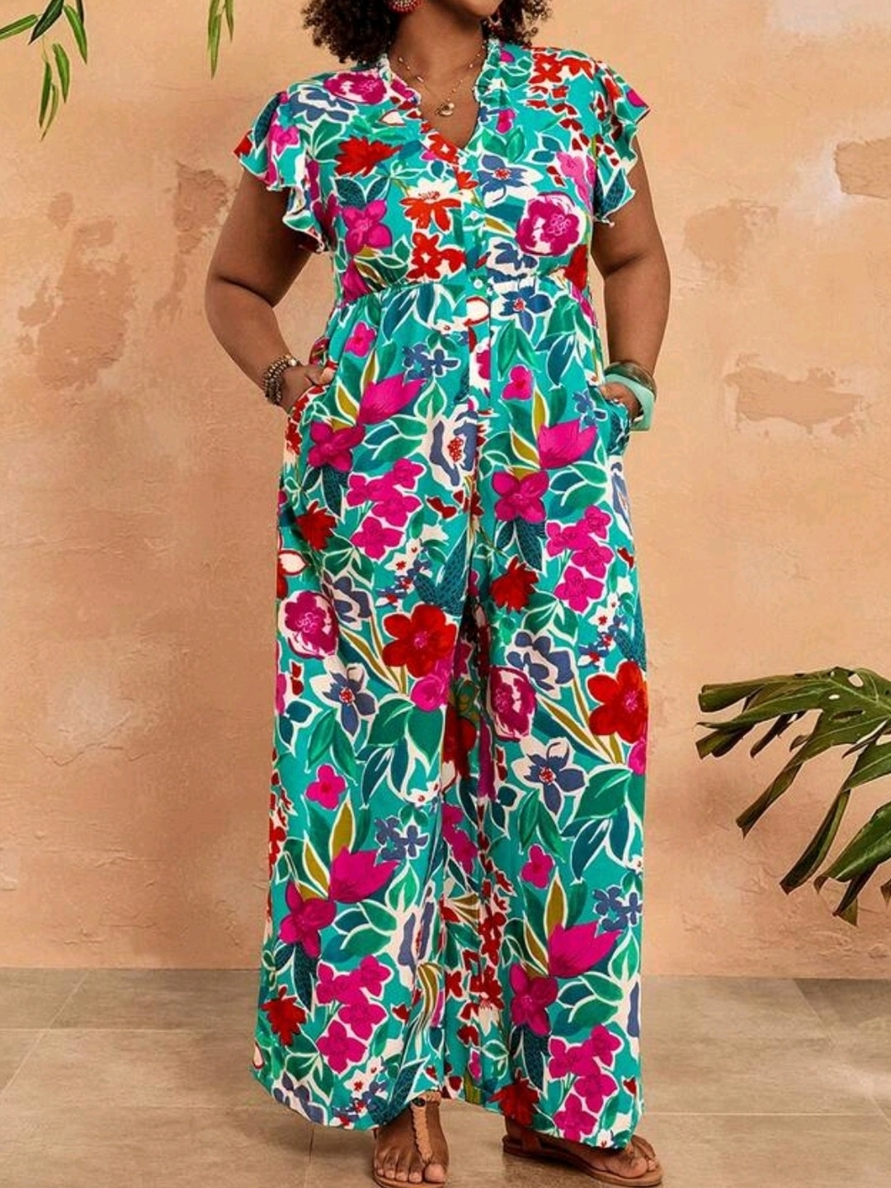 SHEIN Teal Floral Wide-Leg Jumpsuit with Pink & Red Blooms